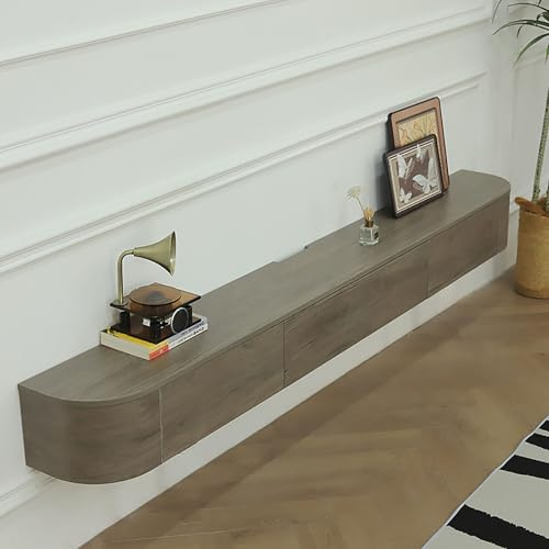 Grand meuble TV flottant en noyer avec portes – Étagère murale contemporaine pour console multimédia – Grand meuble de rangement pour le salon, design de 300 cm