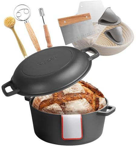 VEVOR Cocotte en fonte 2 en 1, marmite pré-assaisonnée avec couvercle et poignées, 4,73 L, diamètre 26 cm, avec panier de fermentation et accessoires de cuisson du pain, pour four à pain 260 °C, noir