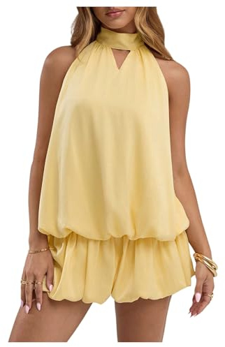 Verdusa Women's Cut Out Halter Satin Drop Waist Wedding Guest Dresses 2026 Mini Bubble Dress Butter Yellow Small