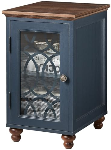 LELELINKY Wooden End Table with Glass Door Storage, 14'' Farmhouse Side Table with Adjustable Shelf Solid Wood Gourd Legs, Sofa Side End Tables Cabinet for Living Room, Office