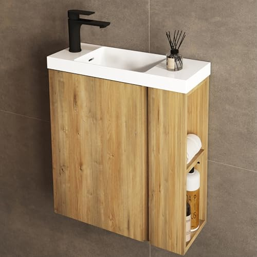JINDOLI Waschbecken mit Unterschrank 55 cm - Badmöbel Set mit 2 Tier seitliche Ablagen außen & Haken, Vormontiert Waschbeckenunterschrank Klein für Bäder - Natur Eiche (inkl. Schwarz Matt Armatur)