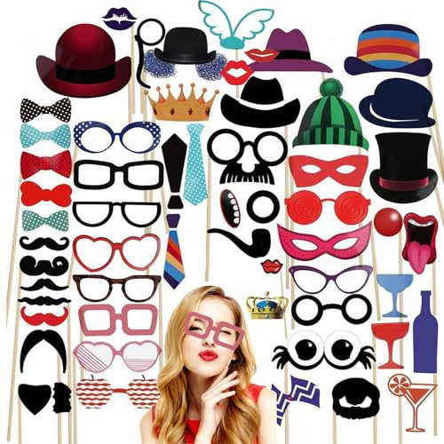 58-Piece Photo Booth Props Set with Wooden Sticks and Adhesive Dots for Birthday, Wedding, and Engagement Parties