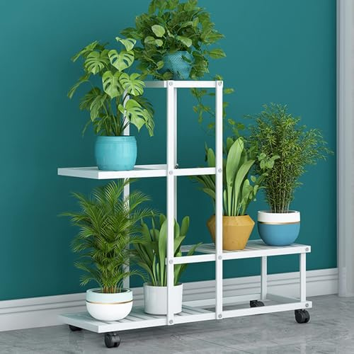 SXKJQER Portapiante Battuto Ferro Con Ruote，Supporto Per Piante In Ferro Porta Piante Da Interno Ed Esterno, Scala Portavasi Decorativa A Più Livelli Per Balcone(60.5cm)