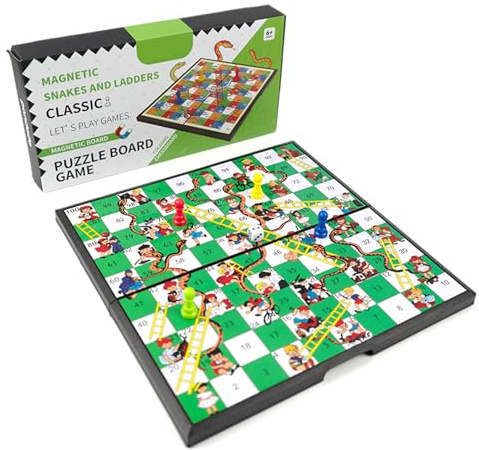 Snakes & Ladders Board Game – Classic Family Game with Magnetic Playing Pieces, Foldable Retro Board, Fun Educational Game for Kids & Adults, 2–6 Players Ages 3+ (Green)