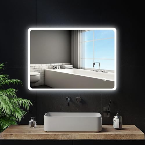 Trintion Badezimmerspiegel, LED Badspiegel mit Beleuchtung, Wandspiegel mit Touch-Schalter Kaltweiß Energiesparend Lichtspiegel,6400K (70x50cm)