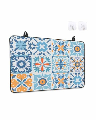 Stove Top Covers for Electric Stove, Blue Mediterranean Glass Stovetop Cover Protector, Vintage Moroccan Tiles Texture Induction Cooktop Protector Oven Mat for Kitchen Countertop 28.5x20.5 Inches