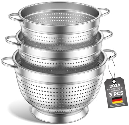 Sil set om 3 silar rostfritt stål kökssil nudelsil, 20/24/26 cm metallkökssil med handtag – finmaskig sil för tvätt av nudlar, grönsaker, frukt och ris (3)