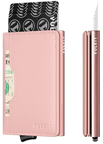 VULKIT Pop Up Kreditkortshållare Plånbok med Läderfack RFID-Skydd Kreditkortshållare Metall för Herr, Rosa