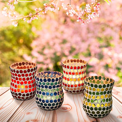4er Set Orientalisches Mosaik Windlicht Mosaico 7cm groß Bunt | Orientalische Glas Teelichthalter orientalisch | Marokkanische Windlichter aus Glas als Dekoration | 4 Stück