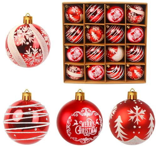 JOFONY 16 STÜCKE Weihnachtskugeln,6CM Christbaumkugeln Weihnachtsbaumschmuck Weihnachtskugeln Rot Weißfür zum Aufhängen Schaufenster Weihnachtsbäume Indoor Outdoor