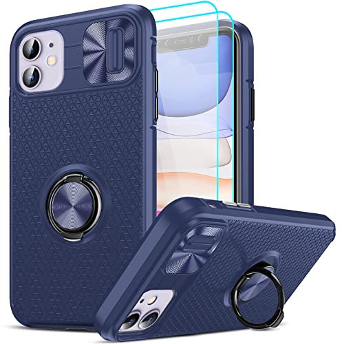 LeYi Cover per iPhone 11 Antiurto, Custodia con Scorrevole Fotocamera Proteggi, Supporto di Anello, [2 Pezzi] Vetro Temperato Pellicola, TPU Militare Resistente Robusta Custodie per iPhone 11 Blu
