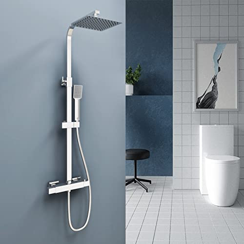 Ducha Casa Columna de Ducha termostática, Alcachofa de Baño, Cuadrada con manguera de acero inoxidable en cromo, Ducha Lluvia, Barra ajustable en 73-116cm