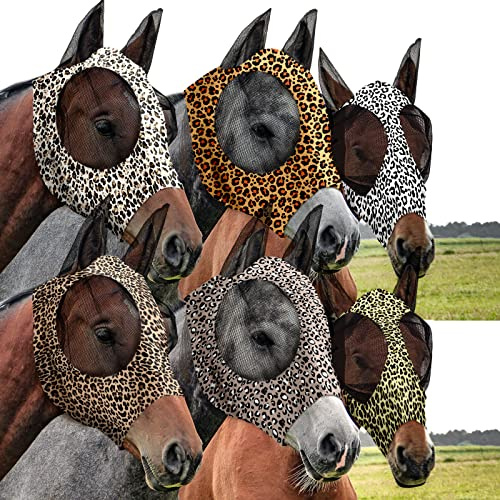 Chunful 6 Pcs Horse Fly Masks with Ears Smooth and Comfortable Mesh Fly Mask Elasticity Breathability UV Protection Horse Face Covering for Riding Supplies(Leopard,Medium)