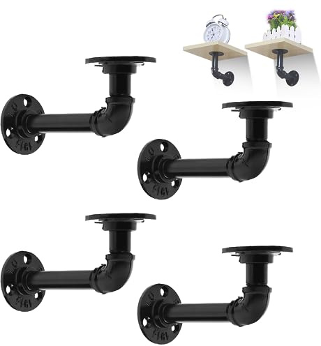 MLOQI 4 Supporti per tubi industriali, in nero, supporti per tubi di ferro, per scaffali in legno, montaggio a parete con hardware 14 cm