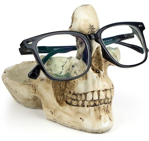 Mrlikale Skull Glasses Stand Holder, Creative Eyeglasses Holder, Sunglasses Spectacle Display Rack, Key Holder Resin Sculptures for Entryway, Home, Office, Desk, Nightstand (White)