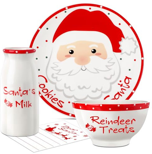 Nitial Weihnachtsplätzchen für den Weihnachtsmann, Weihnachtsgeschirr-Set, Kekse für den Weihnachtsmann, Teller-Set mit Milchglas, Rentier-Leckerli-Schüssel und Notizblock-Set, Heiligabend, Geschenk