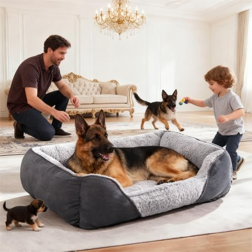 JOEJOY Extra Large Dog Sofa Bed, Waterproof Lamb Fleece PP Cotton XL Dog Bed With Nonskid Bottom, Washable Grey Dog Bed For Large Labrador, German Shepherd, 89x64x23cm