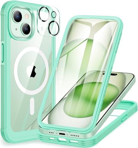 CENHUFO für iPhone 15 Hülle, Kompatibel mit MagSafe Eingebautem Panzerglas Displayschutz und Kamera Schutzfolie 360 Grad Schutzhülle Stoßfest Cover Case Magnetisch Handyhülle iPhone 15 - Grün
