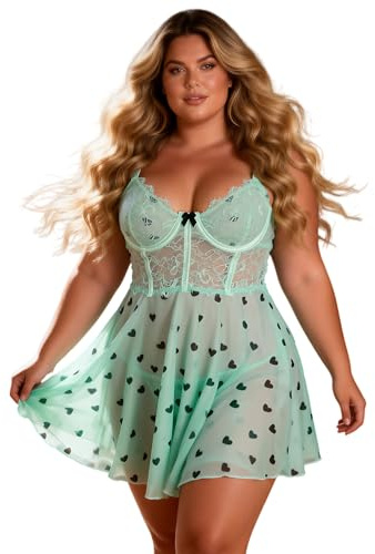 ohmydear Babydoll Sexy con Sujetador Encaje, Lencería Mujer Cuello en V Transparente con Aros y Panty, Camisón Ropa de Dormir para Grandes Tallas