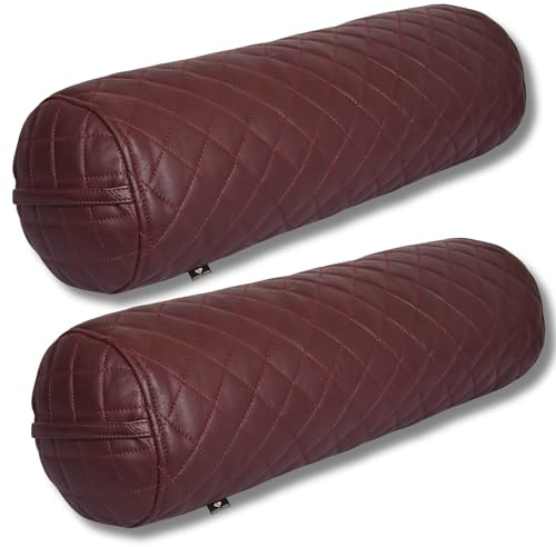 Neck Roll Pillow Cushion Cover, 6x16 Inch Full Moon Round Bolster Pillow Case, Cylinder Soft Lambskin Leather Pillowcase for Head, Neck, Back & Spine Support - Quilted Dark Brown Pack of 2