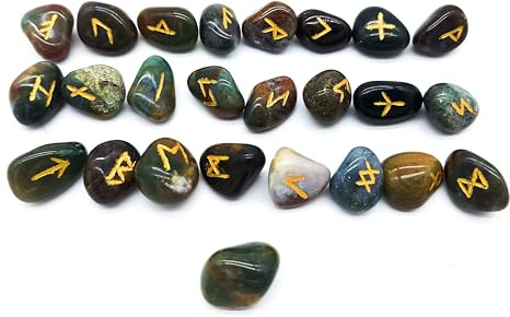 Ädelsten runset älder futhark drake blod jaspis heliotrop solrop guld gravyr 25 stenar ca 20 mm i sammetspåse | Mytologi viking esoterik meditation magi, ca. 2 cm, Ädelsten, Jasper