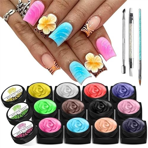EBANKU Lot de 12 peintures à ongles en gel 3D sculptées pour sculpture sur ongles, décoration créative à faire soi-même, colle avec outils, stylo en silicone, repousse-cuticules et pinceau à sculpter