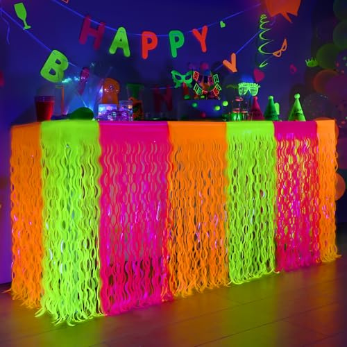 Mega-L Glow in The Dark Party Supplies, 2 Pack Neon Party Decorations Fluorescent Macaron Orange, Yellow and Fuchsia Wavy Metallic Tinsel Foil Fringe Table Skirts, Perfect Glow Birthday Party Decor