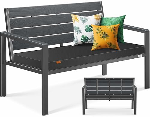 KESSER® Gartenbank mit Kissen – Sitzbank Wetterfest 2-Sitzer Parkbank in Holzoptik Balkonbank für Garten Terrasse Balkon bis 300 kg belastbar UV-beständig inkl. abnehmbarem & waschbarem Polsterbezug