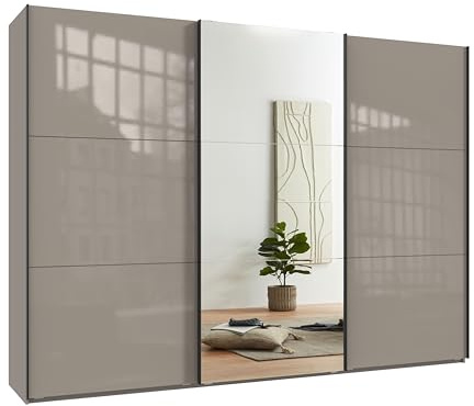 luma-Home 22040/ Schwebetürenschrank 3-türig, Glasfront Sandgrau, 1xSpiegel | B300/H216/T65 cm,Kleiderschrank inkl.Selbsteinzug,Griffleisten schwarz,Einlegeböden, Kleiderstangen,Schubladen,Wäscheeinteil.