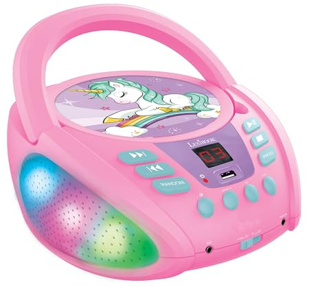 Lexibook, Unicorn, Bluetooth CD player for kids, Portable, Multicoloured light effects, Microphone jack, Aux-in jack, AC or battery-operated, Girls, Boys, Pink, RCD109UNILXB