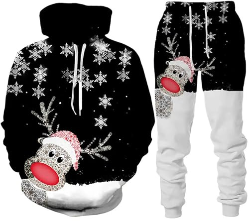 Conjunto de traje navideño para hombre con estampado de Papá Noel, sudadera con capucha y pantalón de chándal, divertido suéter de Papá Noel, chándal de 2 piezas, formal, chaqueta, pantalón, blazer