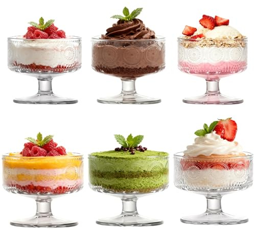 6 Stück Set Glas Dessert Schüsseln, elegantes Stamm Design, langlebige Sundae Tassen, ideal für Eis, Fruchtsalat, Pudding