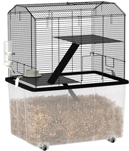 PawHut Cage Hamster, Cage Rongeur, 3 étages, avec roulettes, 2 Plate-Forme et 2 échelle, c, en Fil d'acier, 57 x 43 x 74 cm, Noir