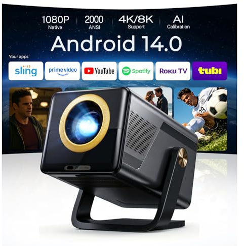 Videoprojecteur X7, Projecteur Video 4K Android 14 Smart, Mini Projecteur Portable WiFi Bluetooth, 2000 ANSI Natif 1080P, Autofocus Trapèze, Retroprojecteur Cinema Maison Chambre Exterieur