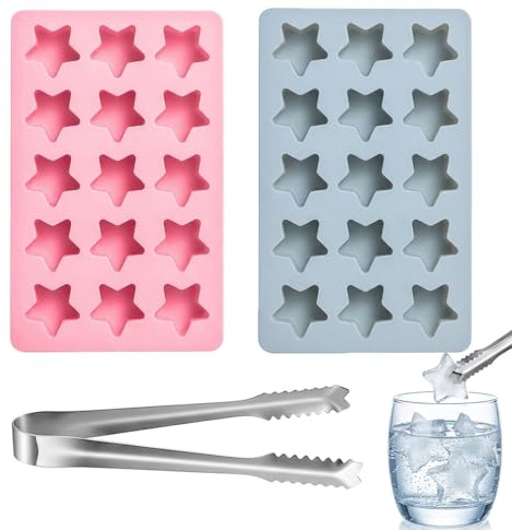 2 PCS Star Ice Cube Tray, Mini Star Ice Cube Tray, Silicone Ice Cube Tray with Ice Tongs, Two Stars-Shaped Ice Cube Moulds in Blue and Pink, Flexible Design for Easy Ice Removal, Kitchen Accessory