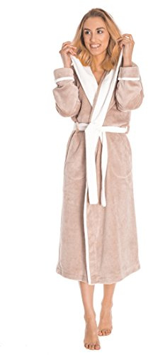 LEVERIE klassischer und kuschelweicher Damen-Bademantel/Morgenmantel/Saunamantel mit Bindegürtel, Taschen und Kapuze oder Reverskragen