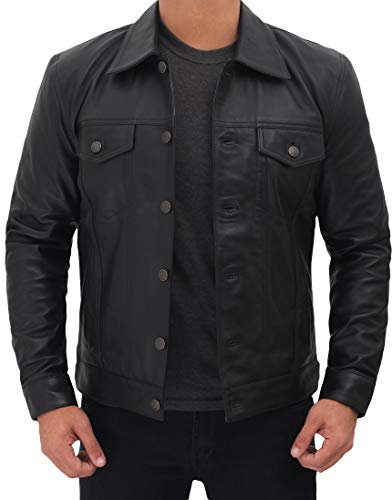 Vintage Trucker Jacke Herren – echtes Lammfell Herren Lederjacken, Schwarz - Fernando Lederjacke Herren, L