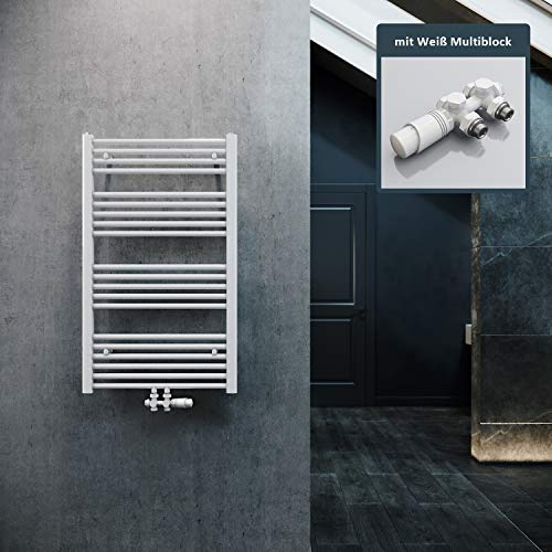 ELEGANT Heizkörper Bad 1000x600mm Weiß Badheizkörper Mittelanschluss Heizkörper Handtuchtrockner Handtuchwärmer mit Weiß Multiblock Thermostat