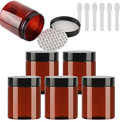 TIANZD 6 Stück Kleine 250 ml Braun Kunststoff Leere Cremedose Dose mit Schwarz Deckel 250 g Leerdose Schraubdose Blechdosen Kosmetische Behälter Tiegel, 6 Stück Spatel