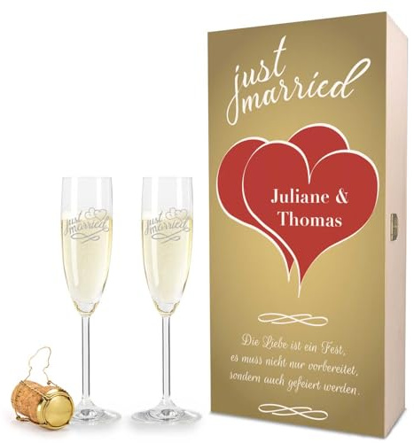 GRAVURZEILE Leonardo Sektgläser mit Gravur Herzen inkl. bedruckter Holzkiste Just Married - 2er Set - Geschenk zur Hochzeit für Brautpaar