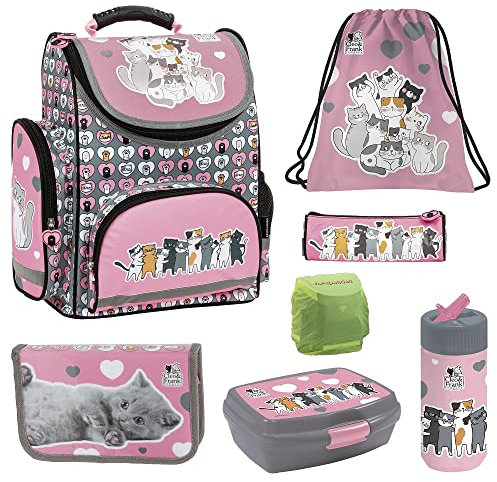 Familando Mädchen Schulranzen Set Sweet Kitty 7 TLG. mit Federmappe Dose Flasche und Regenschutz Rosa Pink Grau Katze Herzen