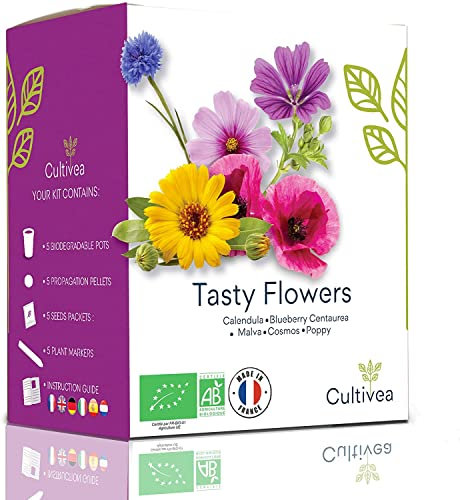 CULTIVEA® Mini Kit Prêt à Pousser Fleurs Comestibles – Graines Françaises 100% Écologiques et Biologiques - Jardinez et dégustez - Idée Cadeau (Calendula, Bleuet, Malva, Cosmos, Coquelicot)