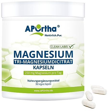 APOrtha® Magnesium-Citrat - Tri-Magnesiumdicitrat 360 Kapseln | 250 mg Magnesium pro Tagesverzehr, natürliches, elementares Magnesium