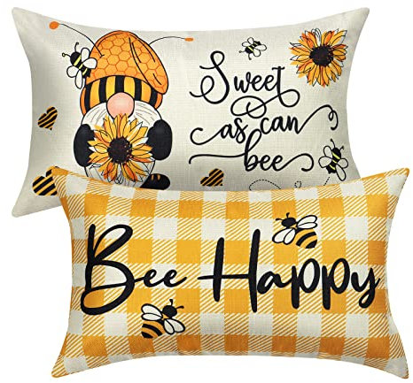 Weldomcor Bee Cushion Covers 30 x 50cm, Set of 2 Pillow Case Cotton Linen Pillow Cover Home Decorative for Sofa Outdoor Garden Bed Couch Cushions