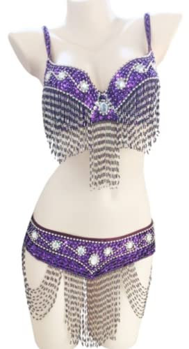 JRUIA Fransen Bauchtänzerin Kostüme Für Damen Karnevals Performance Tanz Outfits Bauchtanz BH Und Gürtel Bauchtanz 2 Teiliges Set,Lila,L