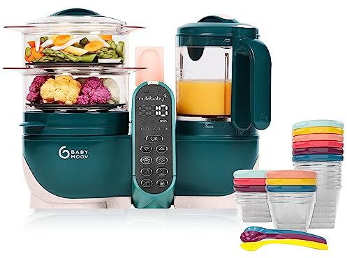 Babymoov Nutribaby(+) Opal Green 6-i-1 matberedare för baby & Babybol Babybol multiset av hermetiska barnmatsburkar, 3 x 120 ml, 3 x 180 ml, 3 x 250 ml och 3 flexibla skedar