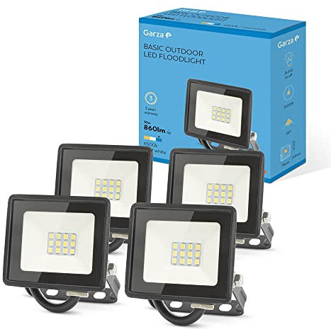 Garza - Confezione da 4 faretti da esterno a LED, 10 W, 860 lumen, luce fredda 6500 K, proiettore LED impermeabile (IP65) per casa, giardino, terrazza, garage, patio