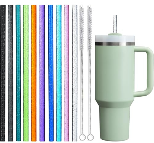 ALINK Reusable Glitter Straws for Stanley 40 oz 30 oz Tumbler, 12 in Long Colorful Hard Plastic Straws, 10 Colors Translucent Replacement Straw for Stanley Cup, Yeti, Owala, Starbucks with 2 Brush