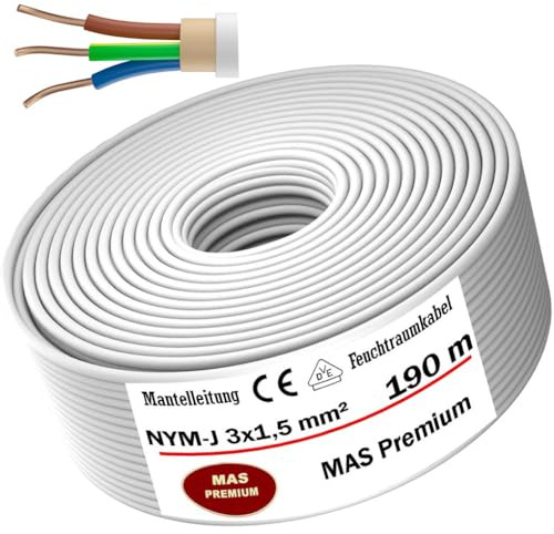MAS Premium Von 5m bis 200m MAS-Premium Stromkabel Mantelleitung NYM-J 3x1, 5 mm² Elektrokabel Ring für feste Verlegung (190m)