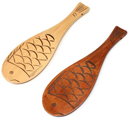 Honbay 2PCS Wooden Rice Paddle Cute Fish Shaped Rice Spoon Heat Resistance Rice Spatula Rice Scooper Cooking Utensil for Rice Potato Salads Desserts (2 Color)